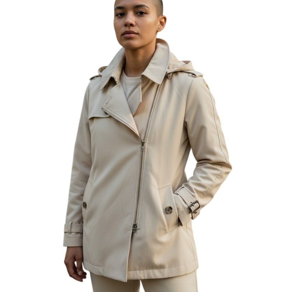 Zara Woman Khaki Hooded Trench Coat Jacket Zip Front Button Accents Women Medium